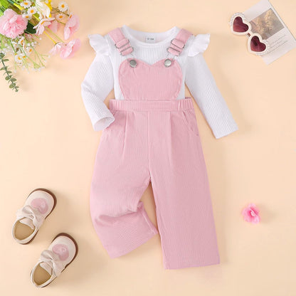 Baby Mädchen Sommer Outfits Rüschen Kurzarm Ripptop+ Blumen/Herzmuster Overalls Shorts Mit Tasche Süßes 2-Teiliges Kleidungsset
