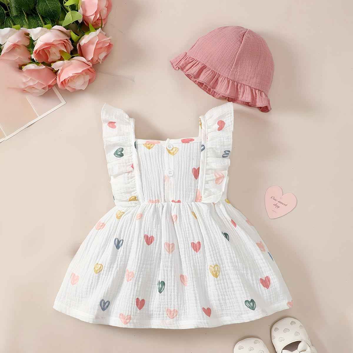 Kleinkind Baby Mädchen Sommer Kleid Outfit Rüschenärmel Herz/Blumenmuster Boho Kleider Niedliches Baby Sommerkleid mit Hut