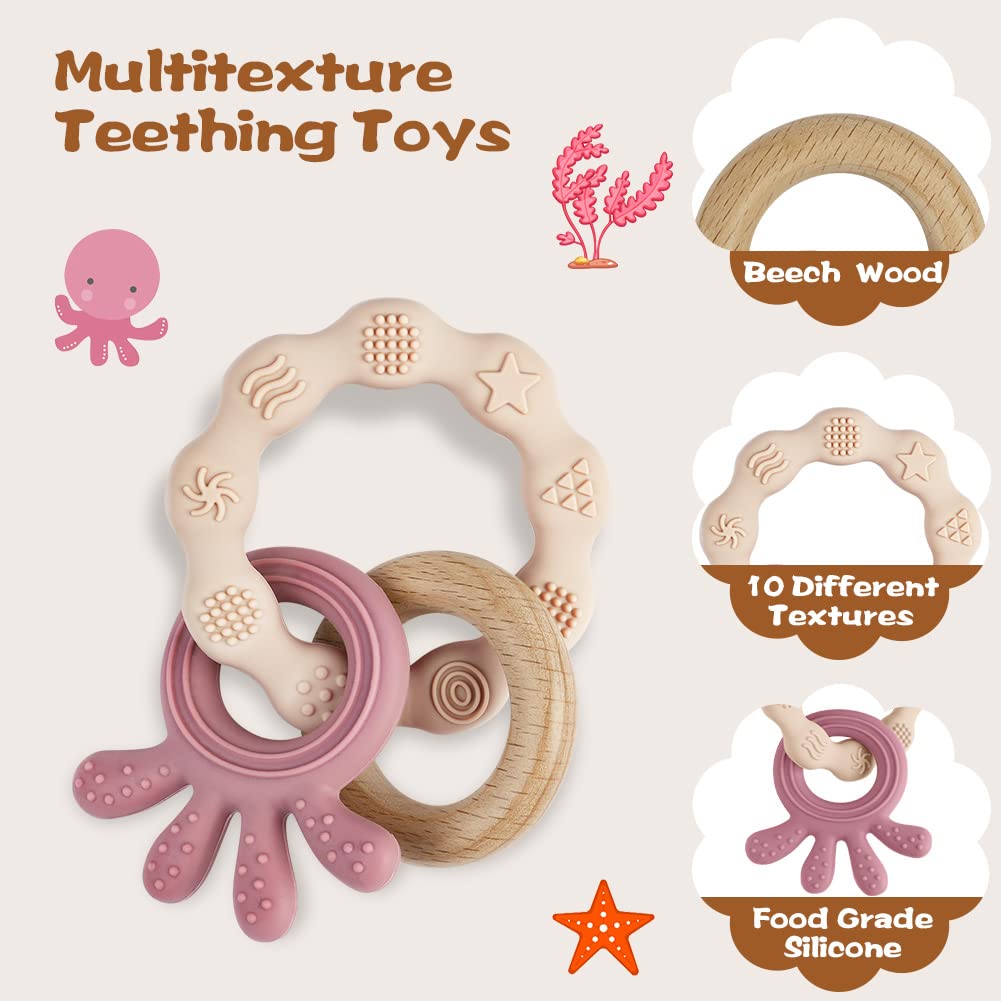 Vicloon Beißring für Babys, Beißring Spielzeug aus Silikon und Holzringe, Baby Zahnungshilfe BPA-frei, Schmerzlindernde Zahnen Nursing Zubehör für ab 3 Monaten Babys(Wal Blau)