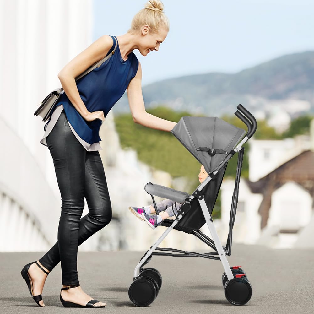 Buggy für Babys, ultraleicht, kompakt, faltbar und neigbar, von Geburt bis 25 kg, mit Trolley-System, Regenschutz inklusive, ausziehbarer Haube, C-schwarz