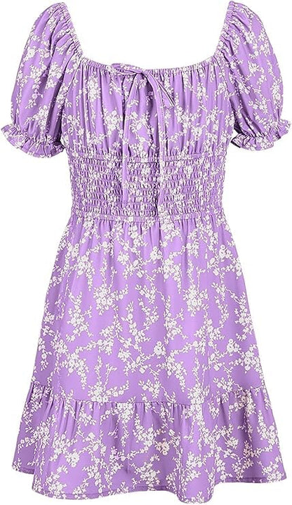 Haloumoning Girls Dresses Short Sleeve Summer Dress Kids Puffy Sleeve Floral Dress Square Neck A-Line Casual Dress Casual Party Wedding Festive Dress 