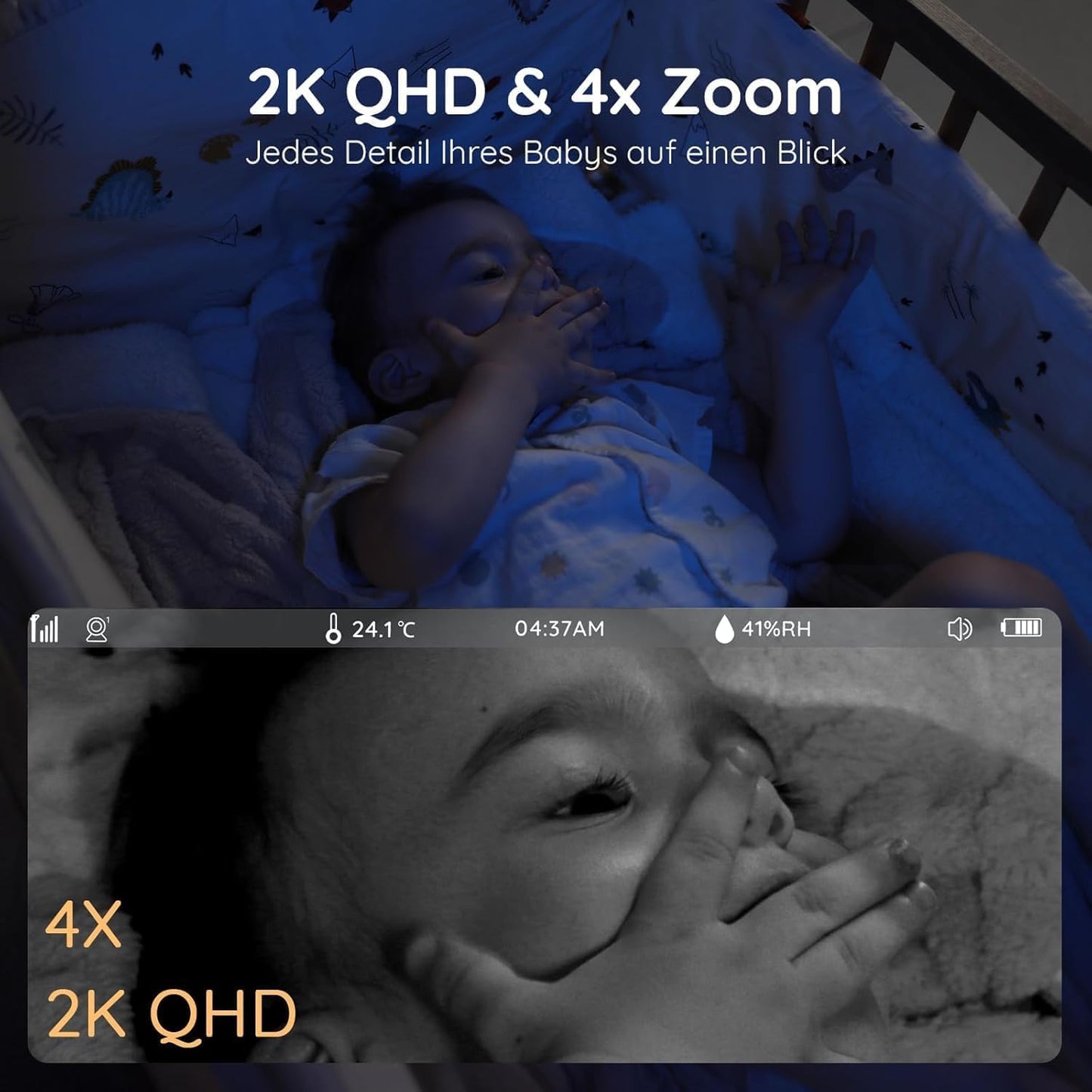 BOIFUN Babyphone mit Kamera 2K, 5-Zoll-Display, 360° PTZ, Nachtlicht | Nachtlicht, IR Nachtsicht, 360° Kamera, Handy, Weinen/Bewegungs/Geräuscherkennung, Bewegungsverfolgung, Temp&Feuchteerfassung