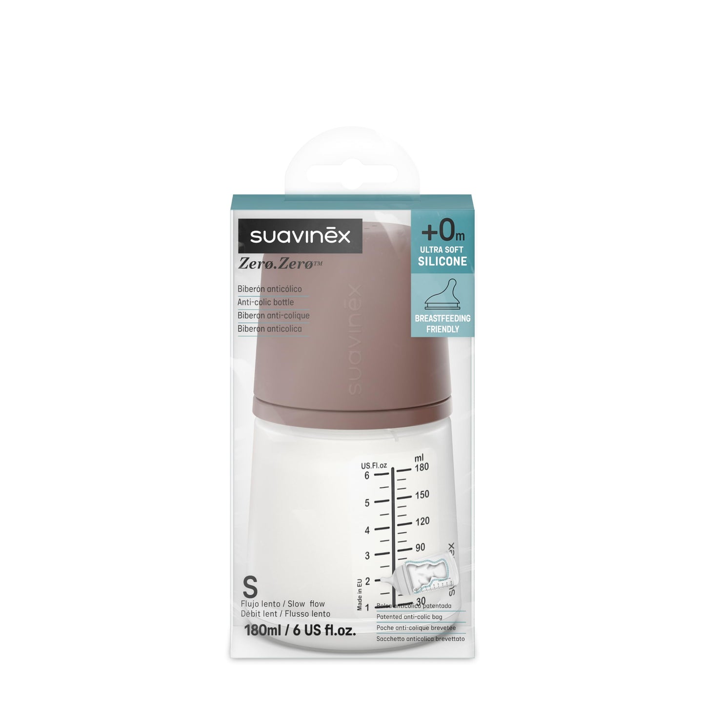 Suavinex, Anti-Colic Babyflasche Zero Zero,mit mittlerem Silikonsauger (M), für Babys ab 3 Monaten, Empfohlen für gestillte Babys und Flaschennahrung, 270 ml, Deep