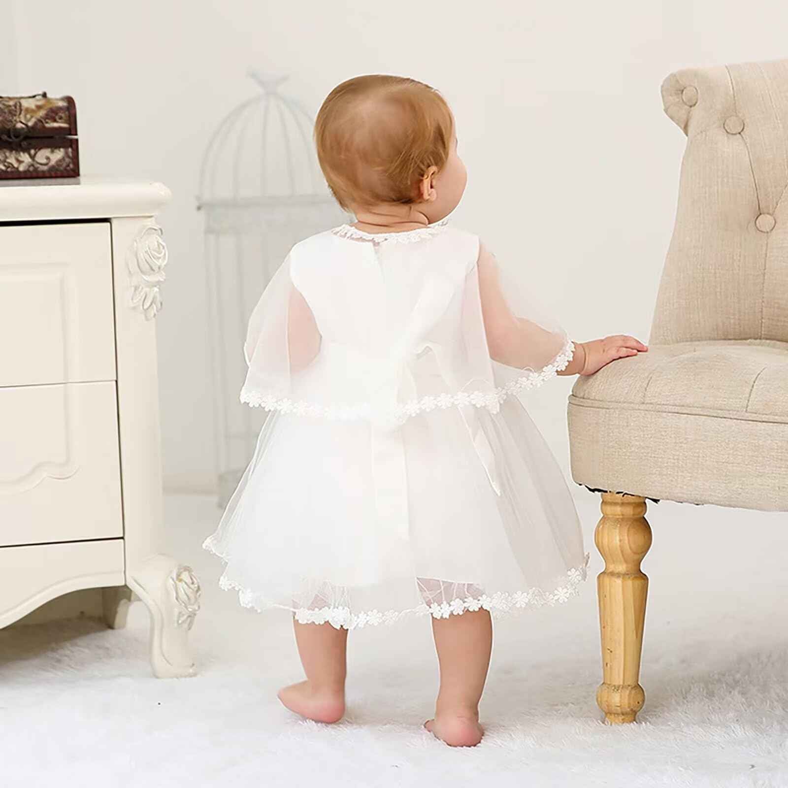 Baby Girl White Christening Dress with Hood Newborn Christening Dress Lace Dress for Wedding Birthday