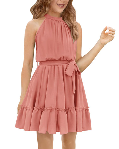 Halomoning Girls Dress Sleeveless Simple Classic Casual Knee Length for Kids Summer Princess Party Wedding Tie Waist A-Line 