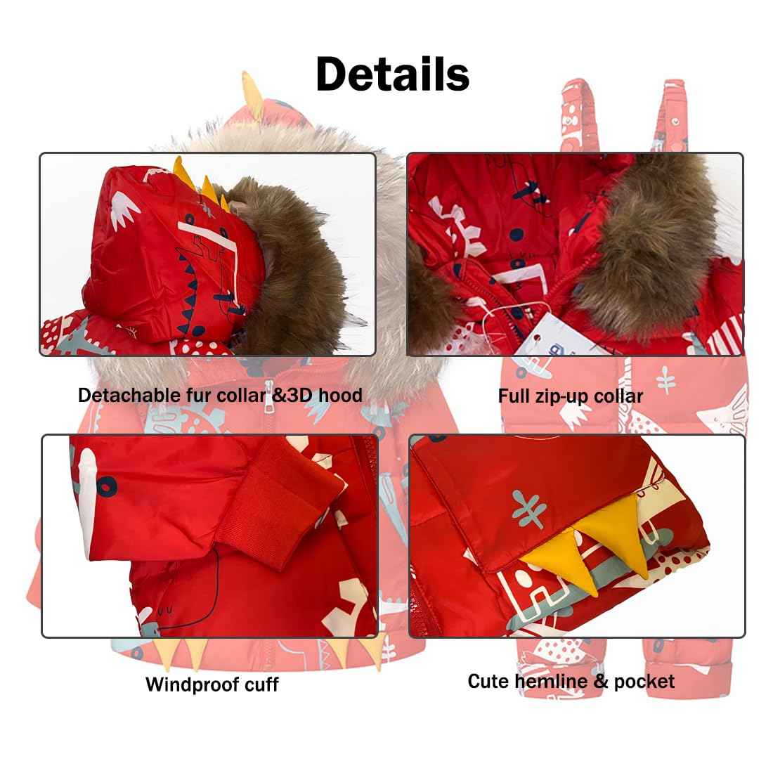 Printed Snowsuits for Baby Girls, 2-Piece Clothing Set, Winter Unisex Children's Down Jacket with Removable Fur Hood with Snow Dungarees, Boys and Girls, Ski Suit Clothing