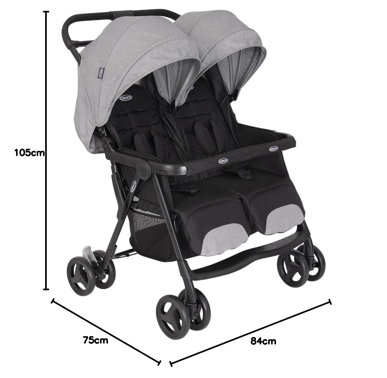 Graco DuoRider™ Double Pushchair - Baby Stroller - From Birth to 3 Years (15kg) Lightweight Quick Fold Free Standing Large Storage Basket - Includes Rain Cover - Grey - Steeple Gray