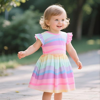 EULLA Kinder Mädchen Kleid Kurzarm Lässig A-Linie Regenbogenstreifen Erdbeere Marienkäfer Schmetterling Kleider Gr.92 98 104 110 116 122