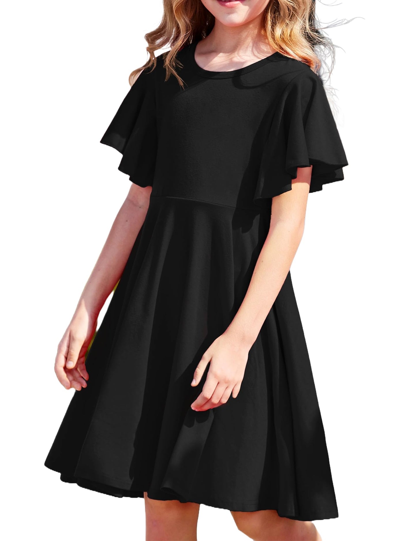 Arshiner Kleider für Mädchen Schmetterlingsärmel Kleid Kinder A-Line Swing Kleid Rundhals Sommerkleid Baumwollekleid Festlich Partykleid Hochzeit Lässige Kinderkleidung mit Tasche