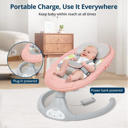 Bioby Elektrische Babywippe | Babyschaukel mit 5-Punkt-Gurt & 5 Schaukelmodi, Leicht & Sicher Wippe Baby Elektronisch mit Bluetooth-Musik & Fernbedienung, für 0-12 Monate (2-9 kg), Grau