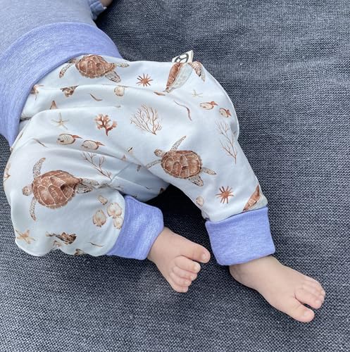 Handmade Baby Baggy Trousers, Handmade Cotton Jersey Grows with Your Gown, Sizes 50-74, 68-86, 92-104, Fairly Produced in Germany (Sea Creatures, 50-74)