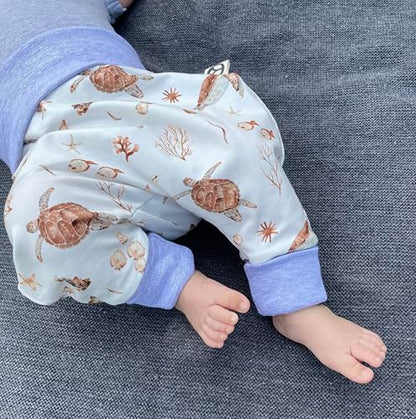 Handmade Baby Baggy Trousers, Handmade Cotton Jersey Grows with Your Gown, Sizes 50-74, 68-86, 92-104, Fairly Produced in Germany (Sea Creatures, 50-74)