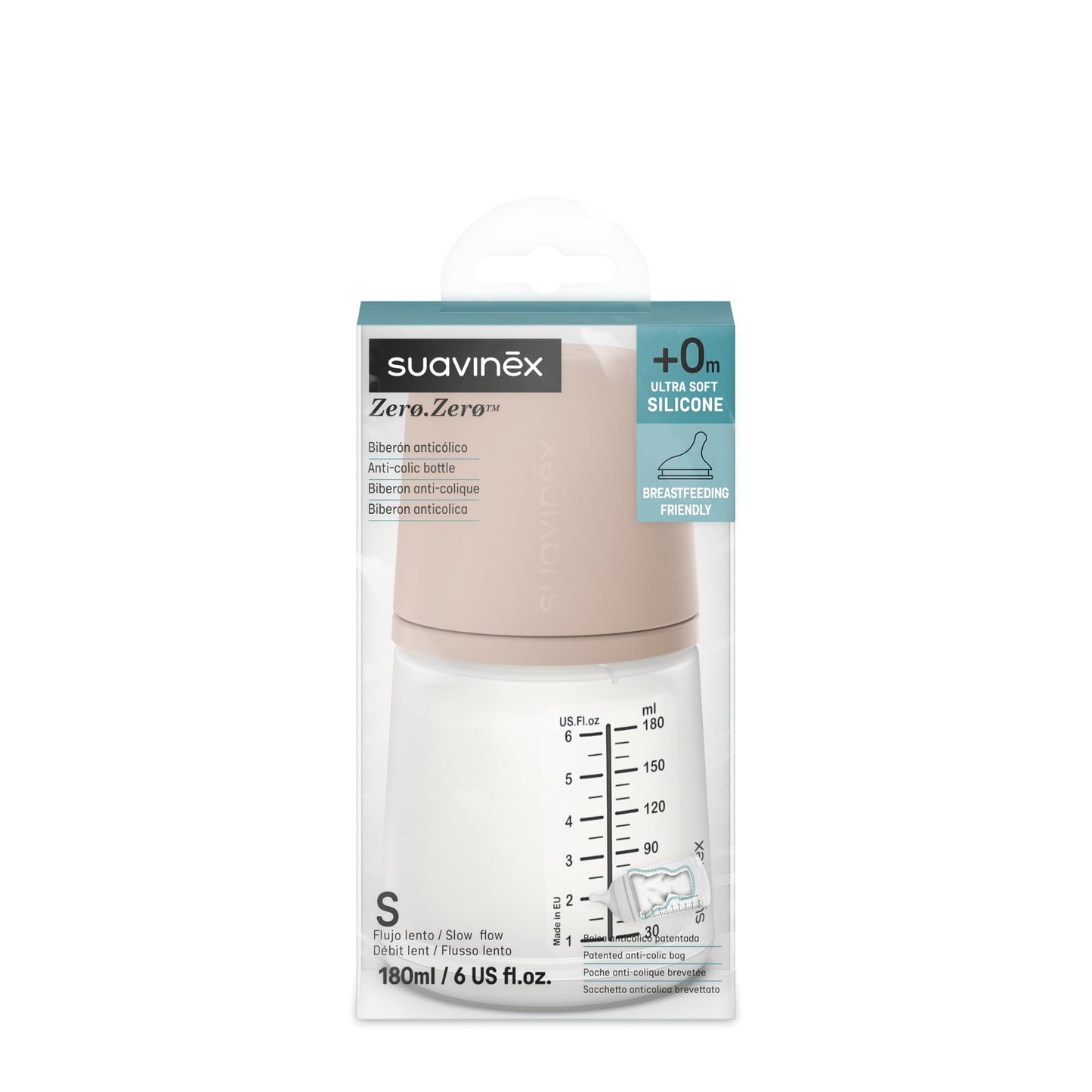 Suavinex, Anti-Colic Babyflasche Zero Zero,mit mittlerem Silikonsauger (M), für Babys ab 3 Monaten, Empfohlen für gestillte Babys und Flaschennahrung, 270 ml, Deep - Meloni2