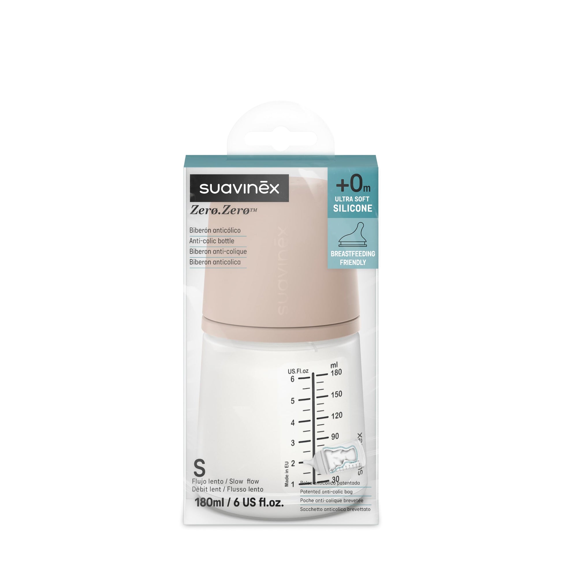 Suavinex, Anti-Colic Babyflasche Zero Zero,mit mittlerem Silikonsauger (M), für Babys ab 3 Monaten, Empfohlen für gestillte Babys und Flaschennahrung, 270 ml, Deep - Meloni2