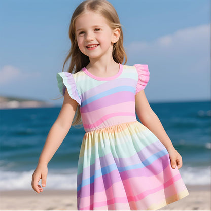 EULLA Kinder Mädchen Kleid Kurzarm Lässig A-Linie Regenbogenstreifen Erdbeere Marienkäfer Schmetterling Kleider Gr.92 98 104 110 116 122