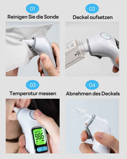 Fieberthermometer Ohr für Erwachsene & Kinder, 1s Ergebnis Hochpräzise Ohrthermometer, 30 Speicher Abrufen, 3-Farben-Fieber-Alarm, mit 21 Einweg-Sonde Abdeckungen & Aufbewahrungsbox (LCD-Transparente)