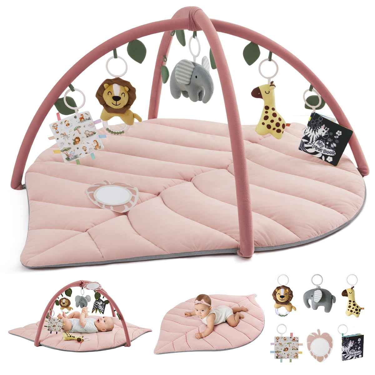 Blissful Diary Spielbogen Baby, Übergroßes Blattförmiges Spieldecke Baby Gym Activity Decke mit 6 Abnehmbare Spielzeuge, krabbeldecke Unverzichtbare Babygeschenke, Waldgrün