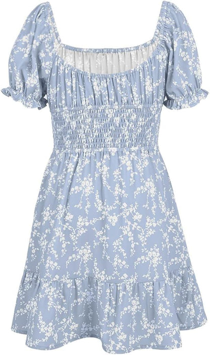 Haloumoning Girls Dresses Short Sleeve Summer Dress Kids Puffy Sleeve Floral Dress Square Neck A-Line Casual Dress Casual Party Wedding Festive Dress 