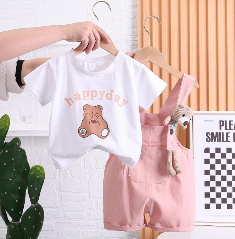ACMEDE 2tlg Baby Mädchen Kleidung Set Gr. 74/80/86/92/98 kinder Kurzarm Oberteil T-Shirt Baumwolle + Sommer Jeans Latzhose Kurz mit Bärenpuppe Bodysuit Jumpsuit shorts Gr. 104/110/116/120