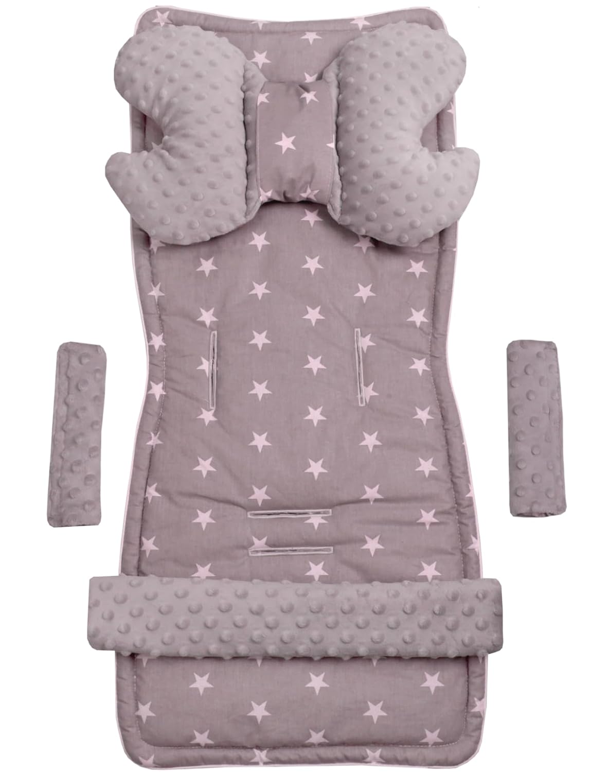 Sitzauflage Kinderwagen Buggy Baby Sommer Kindersitz Einlage Universal - 5tgl Gurtpolster + Spielbogen Kinderwagenset Babyschale (Safari mit beige Minky)