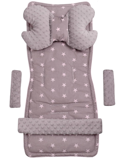 Sitzauflage Kinderwagen Buggy Baby Sommer Kindersitz Einlage Universal - 5tgl Gurtpolster + Spielbogen Kinderwagenset Babyschale (Safari mit beige Minky)