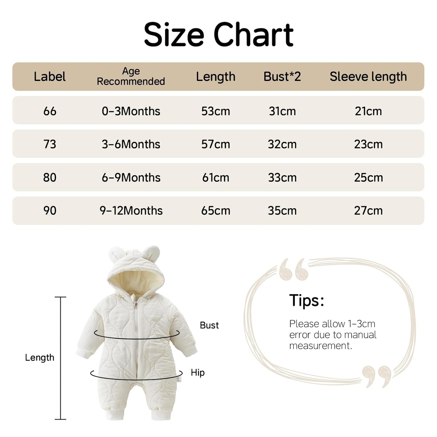 Minizone Baby Winter Jumpsuit with Hood, Romper Snowsuit Boys and Girls, Long-Sleeve Jumpsuit, Warm Outfits, Gift, 6-9 Months, 80 cm, Black