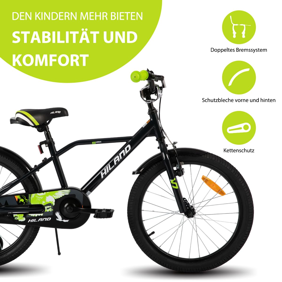 Hiland 12/14/16/20 Zoll Kinderfahrrad, Jungen Fahrrad für 3-10 Jahre, mit Stützrädern, Kinderfahrrad mit Handbremse und Rücktrittbremse, Schwarz/Grün/Blau/Orange - Meloni2