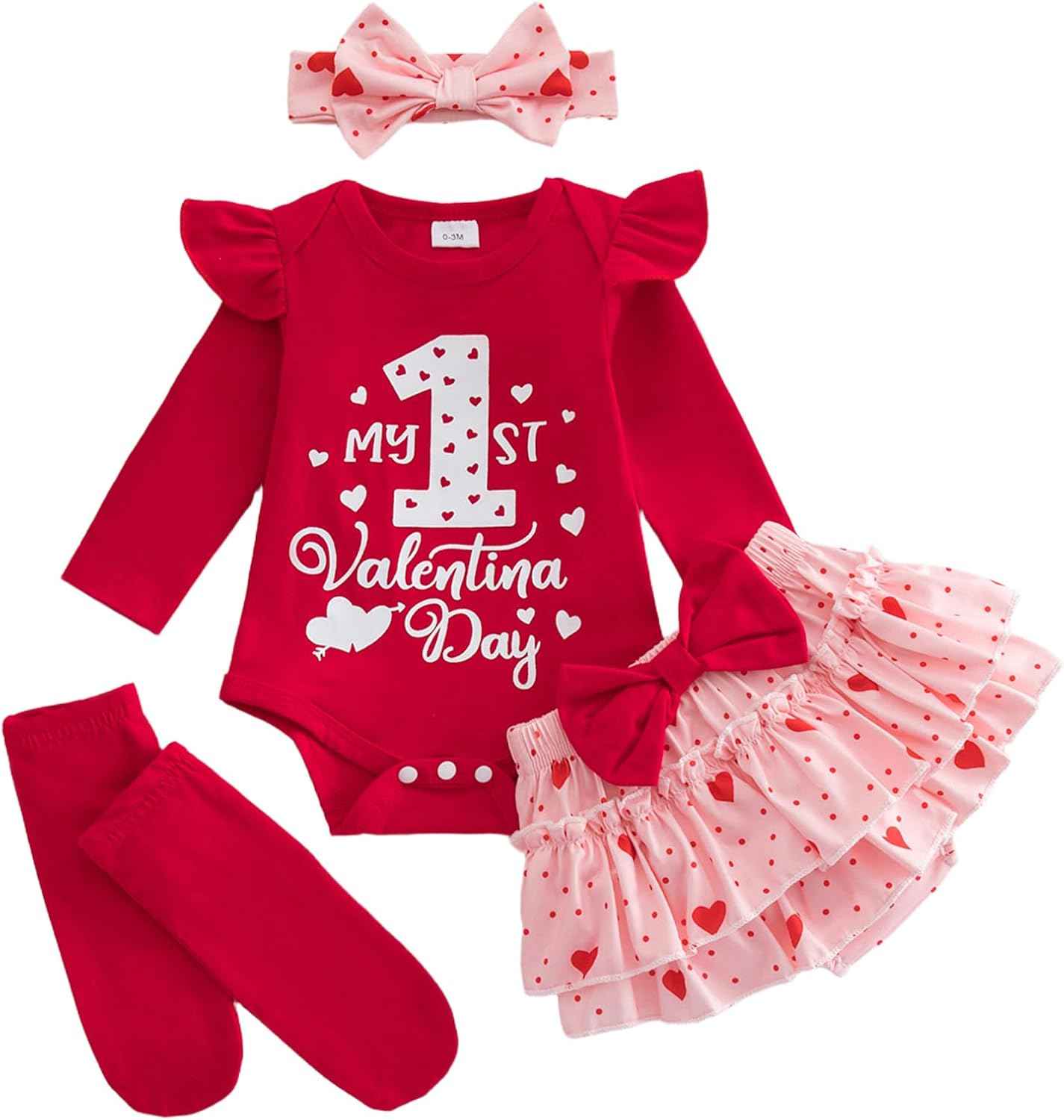 DivingBirds Baby Mädchen Outfit Rüschen Langarm My 1. Valentinstag Osterhase Strampler + Tutu Rock + Strümpfe mit Stirnband Babykleidung Set Neugeborene Fotoshooting Kleid für 0-18 Monate