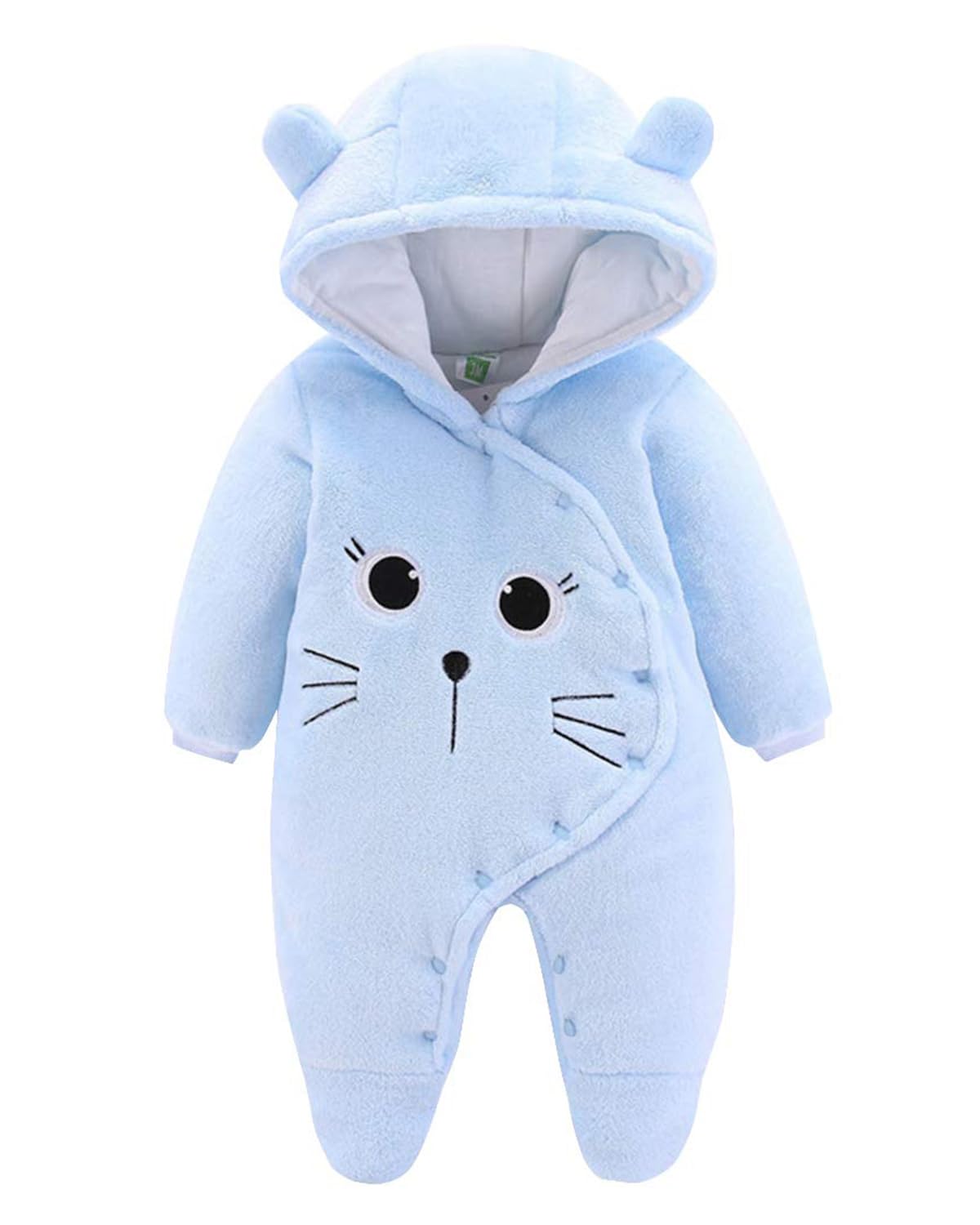 JiAmy Baby-Overall Baby-Strampler Flanell Winter-Strampelanzug mit Füßchen Kapuze Cartoon,Khaki 6-9 Monate