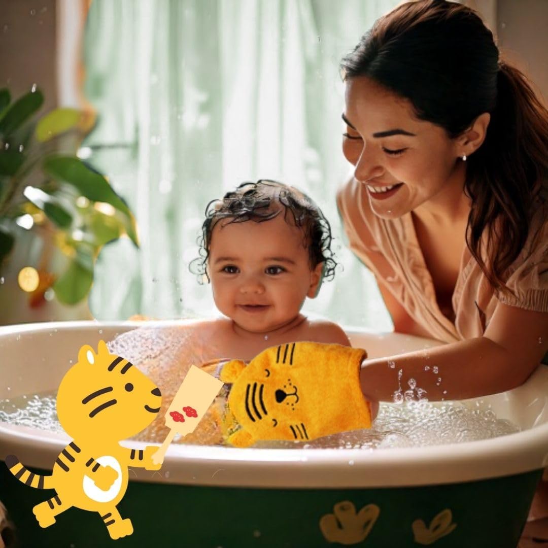 Hello Hippo® 6er-Set Baby Waschlappen – 3 für Eltern & 3 für Kinder – Waschhandschuhe aus Baumwolle – Tiermotive: Frosch, Küken, Tiger – Waschbare Kinderwaschlappen