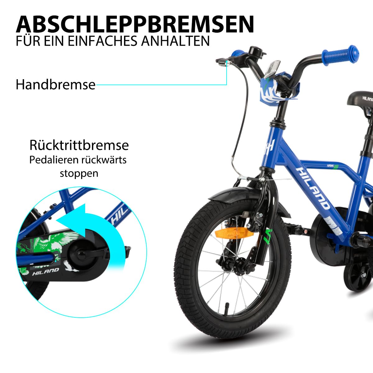 Hiland 12/14/16/20 Zoll Kinderfahrrad, Jungen Fahrrad für 3-10 Jahre, mit Stützrädern, Kinderfahrrad mit Handbremse und Rücktrittbremse, Schwarz/Grün/Blau/Orange - Meloni2