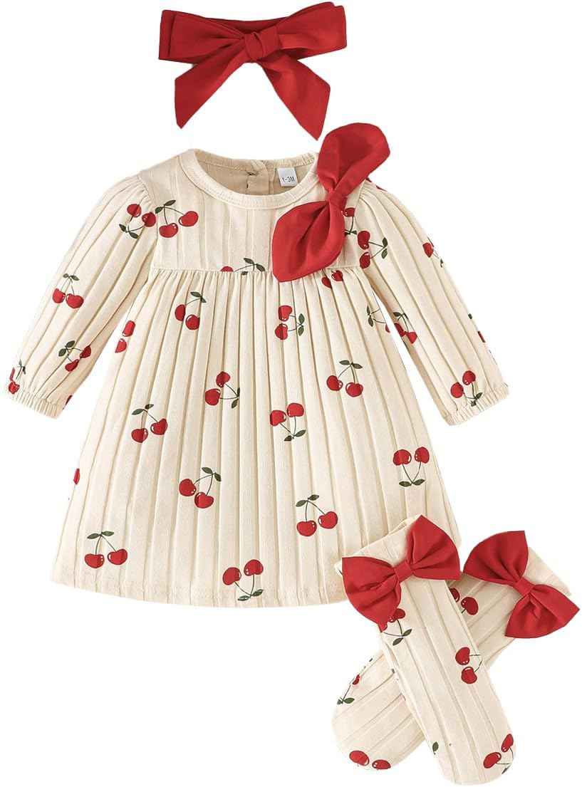 LUVCES Neugeborenes Mädchen Erdbeerkleid Valentinstag Outfit Langarm Rippstrick Kleid mit Herzchenprint mit Stirnband und Söckchen Bekleidungsset