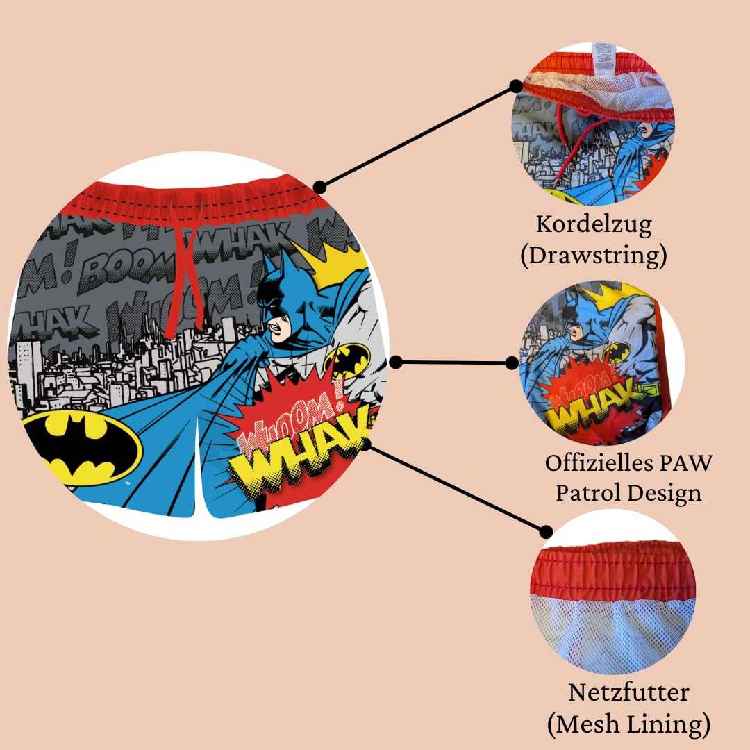 Paw Patrol/Batman Jungen Badehose Badeshorts Schwimmhose mit Elastischer Bund und EIN Netzfutter, Fast trocken Badeboxer Kinder