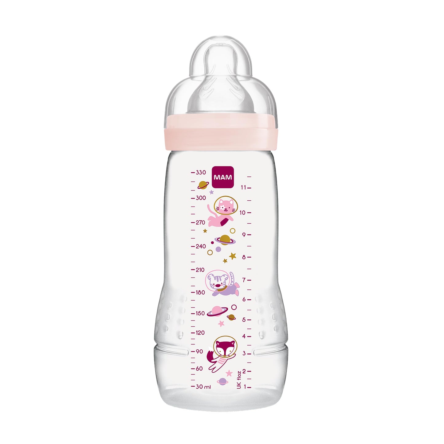 MAM Easy Active Trinkflasche im 2er-Set (330 ml), Baby Trinkflasche inklusive MAM Sauger Größe 2 aus SkinSoft Silikon, Milchflasche mit ergonomischer Form, 4+ Monate, Weltall - Meloni2