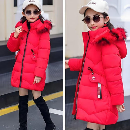 Girls' Winter Jacket Children's Winter Coat Thick Quilted Jacket Long Warm Parka Cotton Jacket Outdoor Coat with Fur Hood and Love Embroidery Print