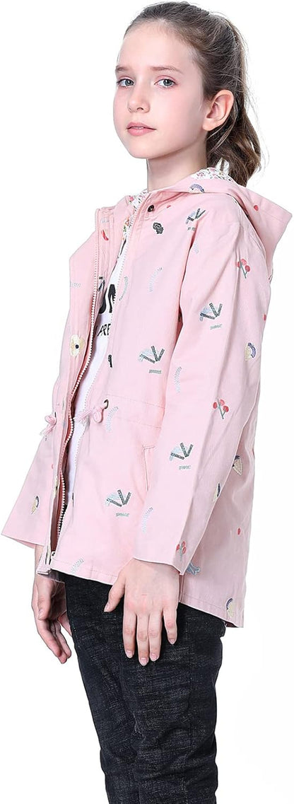 SXSHUN Girls' Windbreaker Jacket with Hood and Floral Embroidery, Hooded Trench Coat