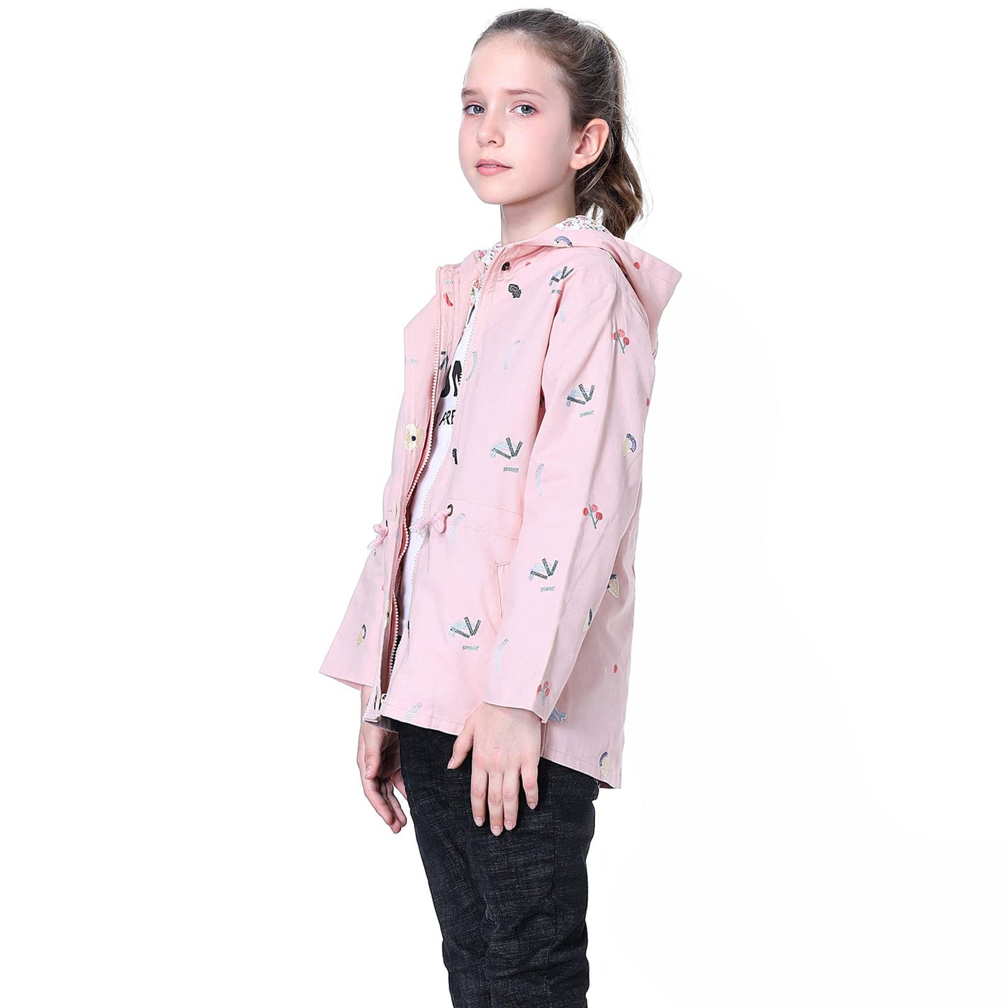 Mädchen Windjacke Mit Kapuze Und Blumenstickerei Trenchcoat Kapuzenmantel
