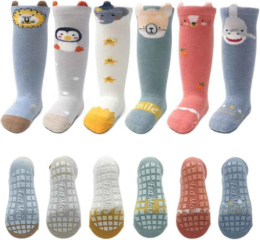 Pack of 6 Baby Toddler ABS Non-Slip Socks Knee-Length Knee Socks Cotton