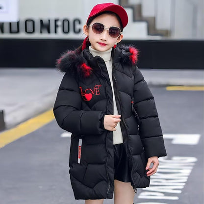 linboo Girls' Winter Jacket Children's Winter Coat Thick Quilted Jacket Long Warm Parka Cotton Jacket Outdoor Coat with Fur Hood and Love Embroidery Print