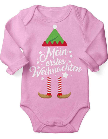 Mikalino Baby Bodysuit with Saying in German for Boys, Girls, Unisex, Long Sleeve, Mein erstes Weihnachten Saying (Christmas Elf), Hand Printed in Germany, Handmade with Love
