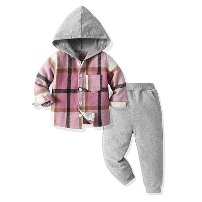 Yanmucy Toddler Baby Boys Clothing Outfit 2 Pieces Cotton Plaid Boy Hoodies Shirt Tops Trousers Set Small Boys Suit Kids Tracksuit Spring Autumn Clothing Set