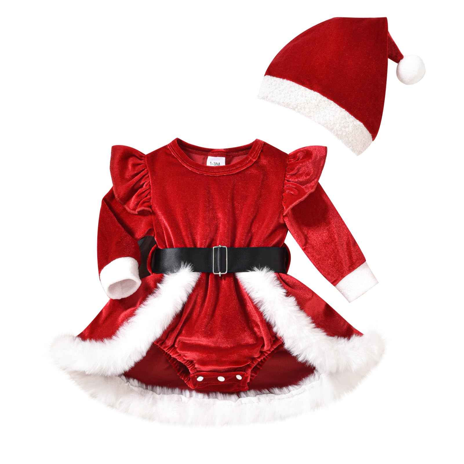 Odizli Baby Christmas Outfit Girls Autumn Winter Santa Velvet Romper Dress + Christmas Hat