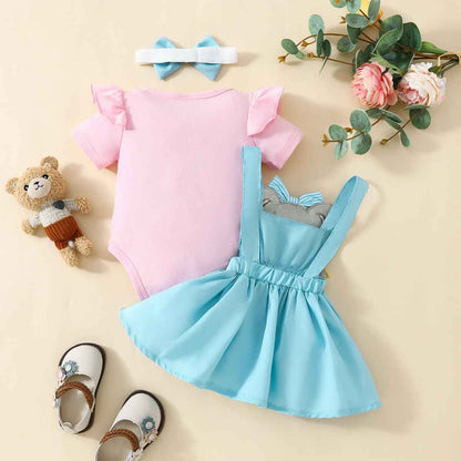 Neugeborenes Baby Mädchen Röcke Sets Kurzarm Rüschen Top + Bedrucktes Overalls Hosenträger Kleid + Stirnband Sommer Kleidung Outfits Set