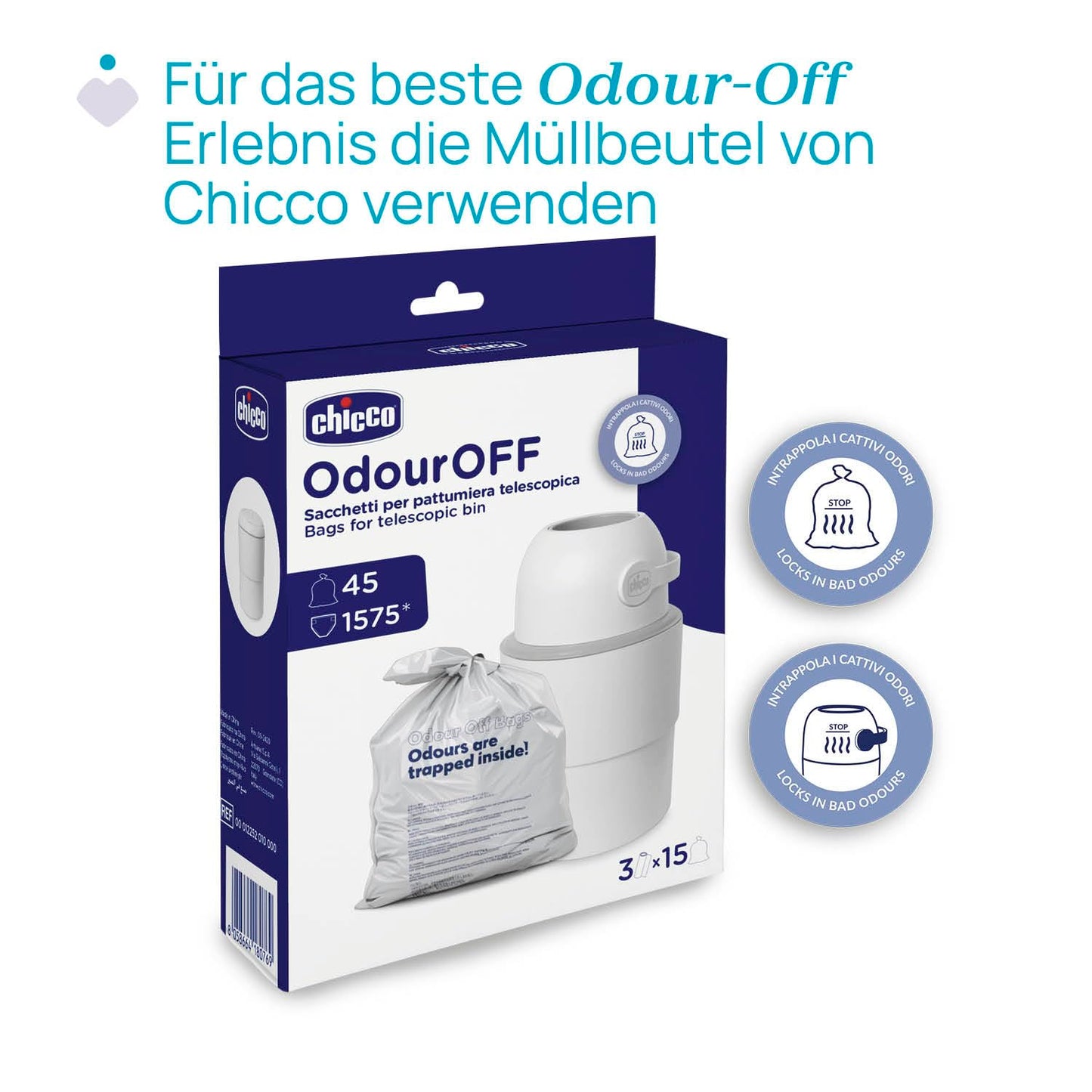 Chicco Windeleimer Odour Off, geruchsdichtes System, platzsparender Baby Windeleimer mit Deckel, einfach zu benutzen und zu reinigen, Ohne Nachfüllkassetten, funktioniert mit herkömmlichen Tüten
