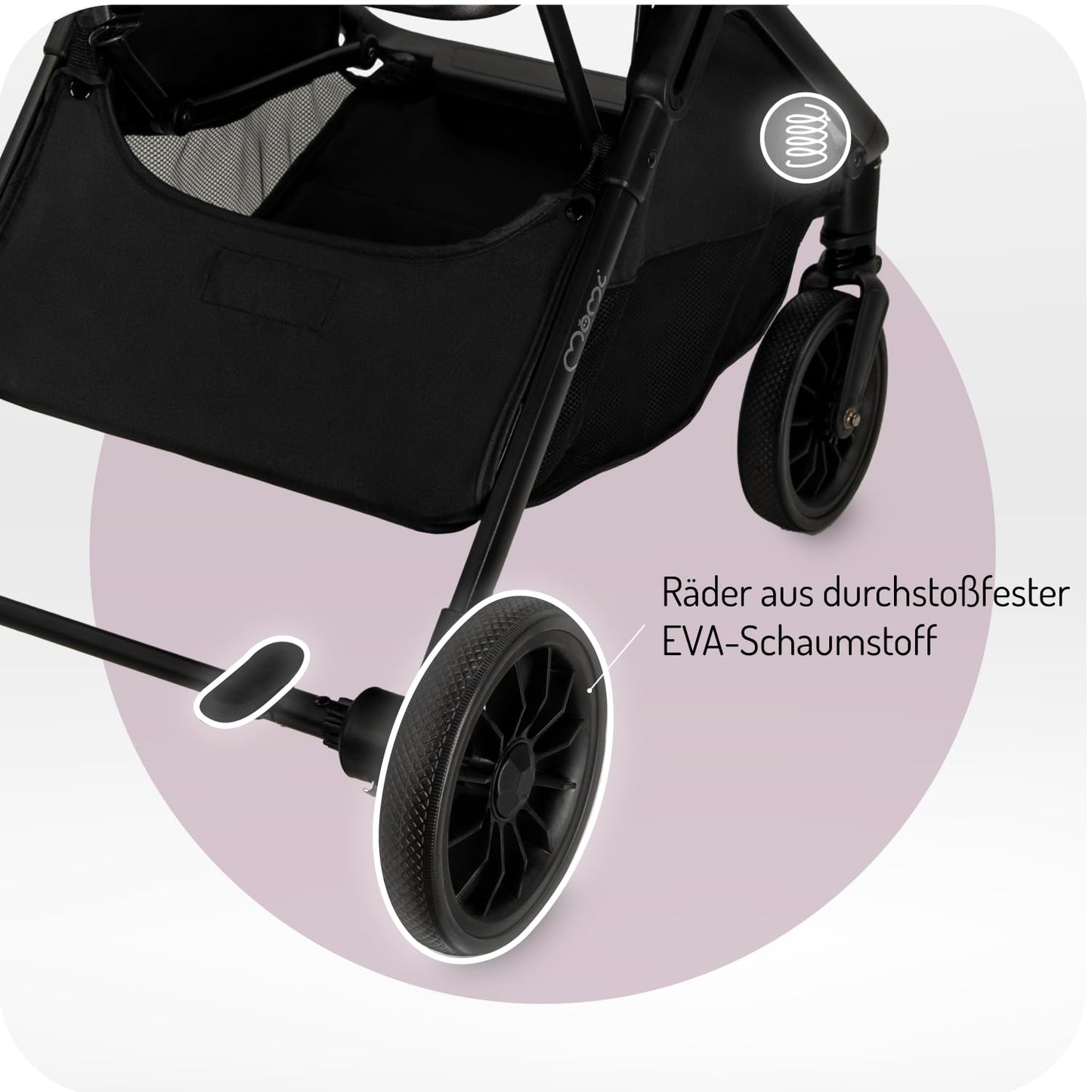 MoMi Kinderwagen ANDREA mit automatischem Faltsystem, bis 22 kg Körpergewicht, 5-Punkt-Sicherheitsgurt, Getränkehalter, Einkaufskorb, Tasche, Insekten- und Regenschutz, mit Zwillingsfunktion