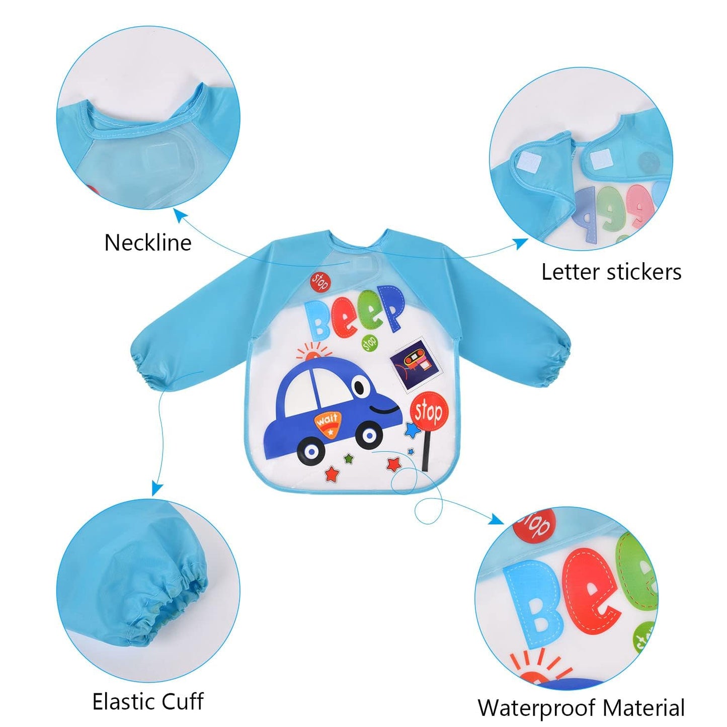 Vicloon Waterproof Baby Bibs, 5pcs Baby Bibs with Long Sleeves, Sleeved Bibs, Unisex Bib Set for Eating, Arts, Crafts, Painting, Playing (Pink, Blue, Green, Yellow) 