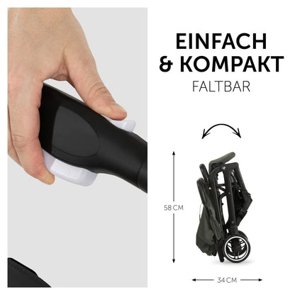 hauck Travel N Care, Dark Olive - Reise Buggy für Kinder ab Geburt bis 22 kg - mit Liegefunktion - Leicht 6,9 kg & Kompakt - Klein Zusammenklappbar - UPF 50+ - EVA Räder - Korb bis 3 kg
