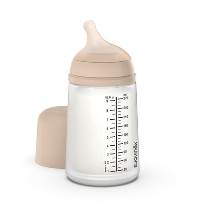 Suavinex, Anti-Colic Babyflasche Zero Zero,mit mittlerem Silikonsauger (M), für Babys ab 3 Monaten, Empfohlen für gestillte Babys und Flaschennahrung, 270 ml, Deep - Meloni2