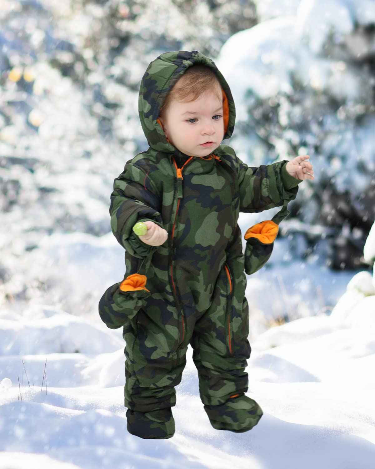 Baby Romper with Hood, Snowsuits with Gloves and Booties, for Toddlers, Fleece Cotton Romper for Toddlers, Boys and Girls, Warm Jumpsuit, Winter Jacket, 6-9 Months
