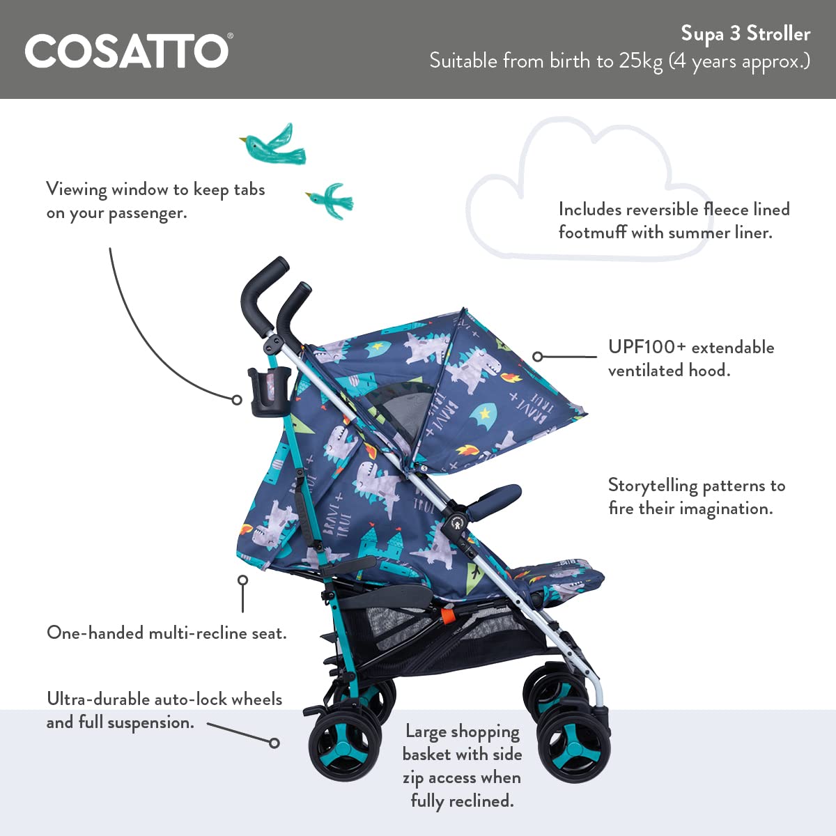 Cosatto Supa 3 Pushchair – Lightweight Stroller from Birth to 25kg - Compact Fold, Shopping Basket, Footmuff (Dragon Kingdom) | Mit UPF100+ Verdeck, Regenschutz und Sommerauflage für komfortable Fahrten bei jedem Wetter.